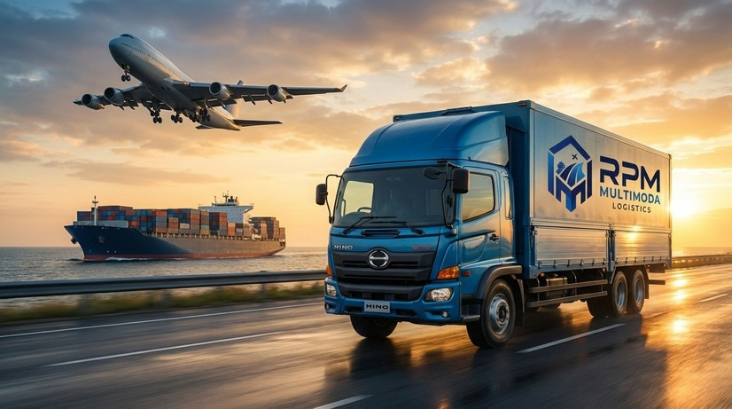RPM freight illustration with a truck, container ship and aircraft